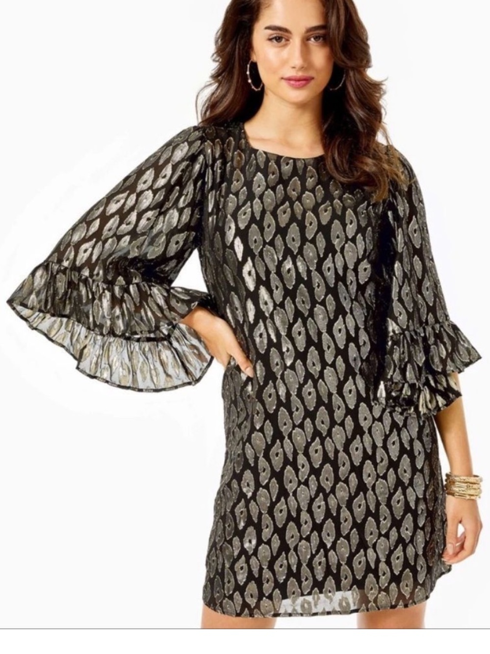 Lilly Pulitzer Francis Silk Dress Onyx Leopard Metallic‎ Clip Size Medium